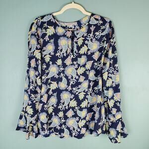 Loft Blue Floral Paisley Keyhole Bell Cuff Sleeve Blouse Size Medium
